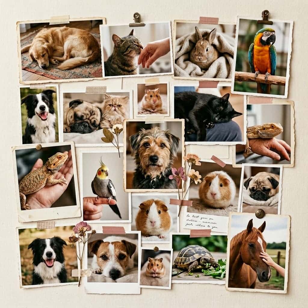 Collage of beloved pets including dogs and cats
